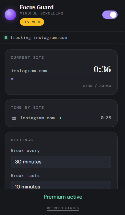 Guardly extension popup showing site tracking, timers, and break settings